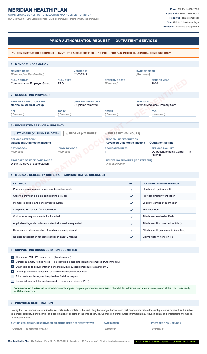 De-identified prior authorization form, multimodal demo